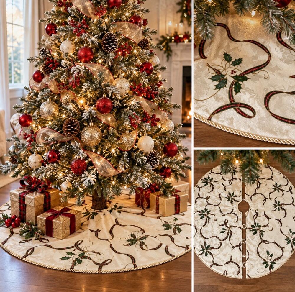Lenox Christmas Tree Skirt Ivory Holly Ribbon Plaid Gold Trim Holiday Decor 61"D